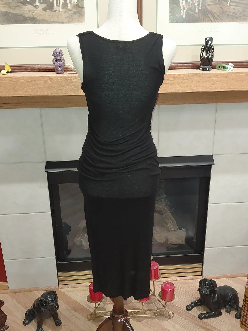 James Perse Classic Black V-Neck T Shirt Sleeveless Dress Ruching Midi Sz 2 S/M